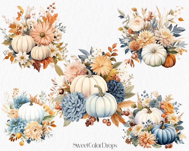 Floral Pumpkin Watercolor Clipart PNG - White Blue Orange Pumpkin Fall ...