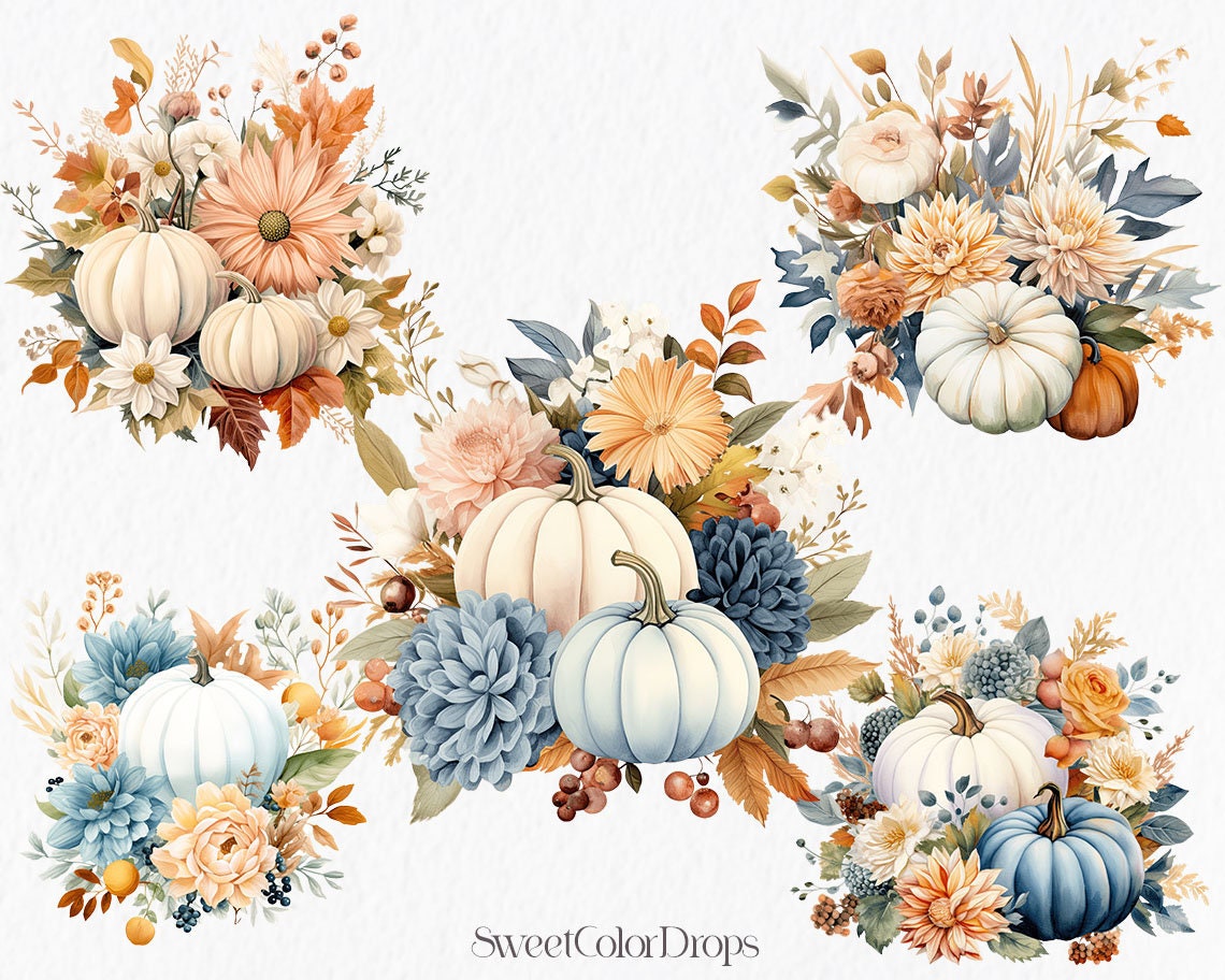 Floral Pumpkin Watercolor Clipart PNG - White Blue Orange Pumpkin Fall ...