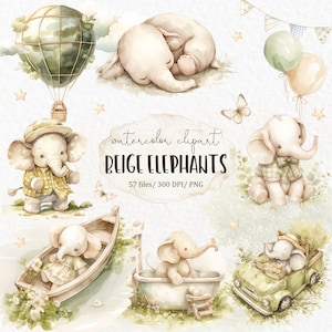 Clipart bébé éléphant - clipart aquarelle baby shower png beige fête d'anniversaire bohème sexe révéler pépinière safari #w5