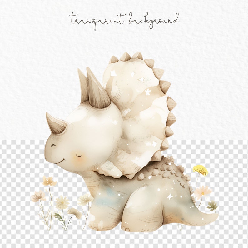 May include: A watercolor illustration of a cute, light brown triceratops with a frill covered in white stars. The dinosaur is surrounded by small, white flowers with yellow centers.