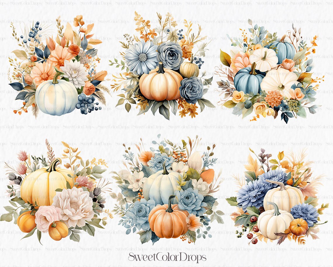 Floral Pumpkin Watercolor Clipart PNG - White Blue Orange Pumpkin Fall ...