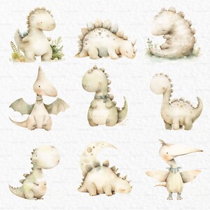 May include: A set of nine watercolor illustrations of cute dinosaurs. The dinosaurs are in various poses and have different colors and patterns. The illustrations are perfect for adding a touch of whimsy to any project.