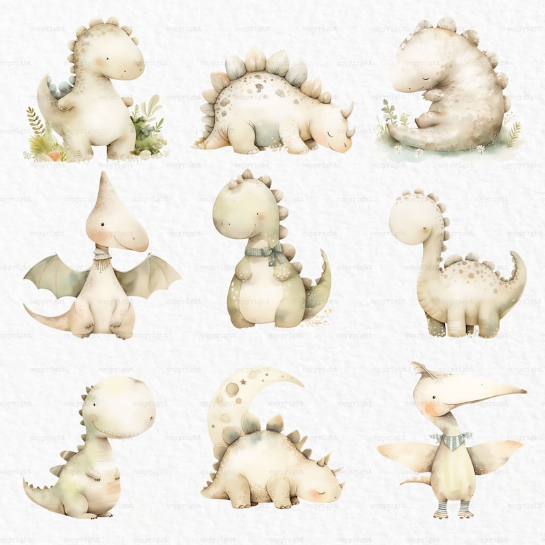 May include: A set of nine watercolor illustrations of cute dinosaurs. The dinosaurs are in various poses and have different colors and patterns. The illustrations are perfect for adding a touch of whimsy to any project.