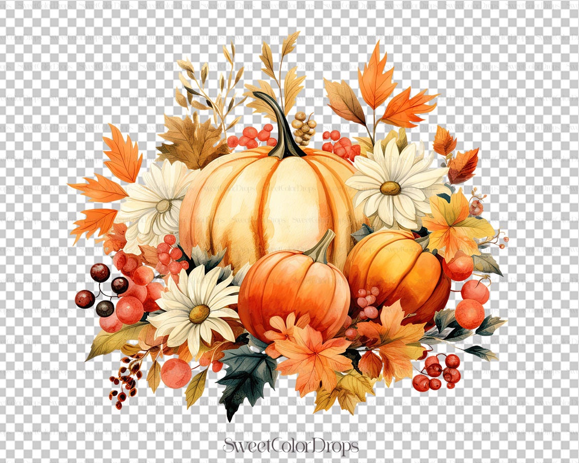 Floral Pumpkin Watercolor Clipart PNG - Autumn Thanksgiving Fall Orange ...