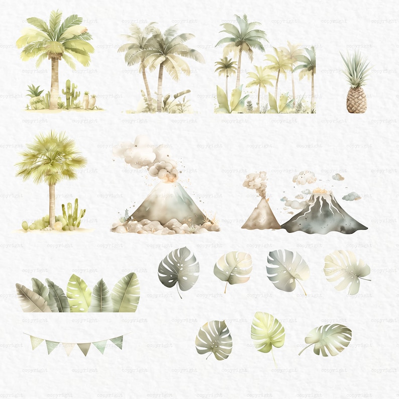 May include: Watercolor illustrations of tropical plants, palm trees, and volcanoes. The set includes a pineapple, a banner, and various leaves. The illustrations are painted in shades of green, brown, and gray.