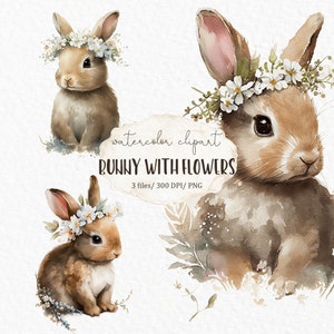 Conejo con flores Clipart PNG, Ilustraciones de conejos florales en acuarela, Conejo de Pascua de primavera, Decoración para guardería y baby shower #c78