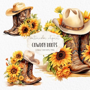 Cowboylaarzen aquarel clipart png - cowboyhoed zonnebloemen wilde westen westerse gele bloemen #c144
