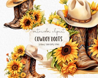 May include: Watercolour clipart of cowboy boots with sunflowers. The boots are brown leather with intricate stitching and are surrounded by yellow sunflowers with green leaves. The text "watercolor clipart COWBOY BOOTS 3 files/ 300 DPI/ PNG" is on a white background.