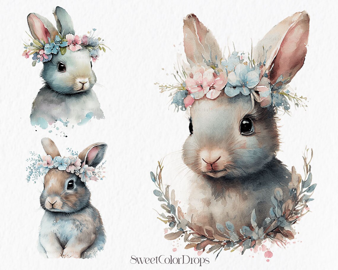 Bunny With Blue Flowers Watercolor Clipart PNG Rabbit Easter - Etsy