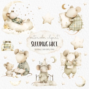 Schlafende Maus Clipart PNG - Boho Tier süßes Tierbaby Lesetiere Neugeborene neutral Aquarell Mond und Sterne #w25