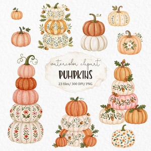 Puede incluir: Una colección de ilustraciones de calabazas en acuarela que presenta varias pilas y calabazas individuales en tonos naranja, crema y rosa, decoradas con patrones florales, enredaderas y bellotas, con el texto watercolor clipart PUMPKINS 23 files 300 DPI PNG.