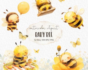 May include: Watercolor clipart set of baby bees in various poses, including a bee on a swing, a bee holding a balloon, a bee drinking tea, and a bee sleeping on a flower. The clipart is perfect for adding a touch of whimsy to your projects.
