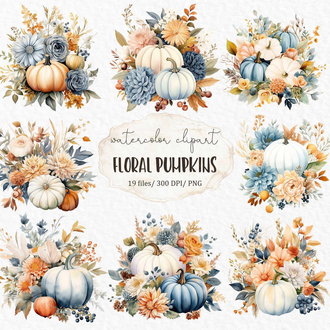 Floral Pumpkin Watercolor Clipart PNG - White Blue Orange Pumpkin Fall ...