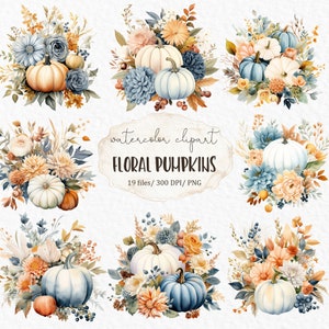 Floral Kürbis Aquarell Clipart PNG - weiß blau orange Kürbis Herbst Erntedank Herbst Blumen Gesteck floral #c105