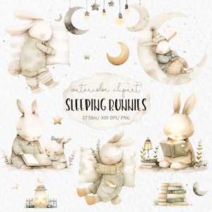 Schlafende Hasen-Aquarell-Cliparts – Kinder und Babys, Mond und Sterne, niedlicher Charakter, der ein Buch im PNG-Format liest, neue Mutter, Tierbabys #w18