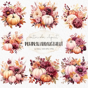 Arrangement de citrouille aquarelle clipart PNG - Citrouille bordeaux automne fleurs d'automne action de grâces clipart rouge orange design #c106