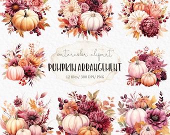 Pumpkin arrangement watercolor clipart PNG - burgundy pumpkin fall autumn flowers thanksgiving clipart red orange design #c106