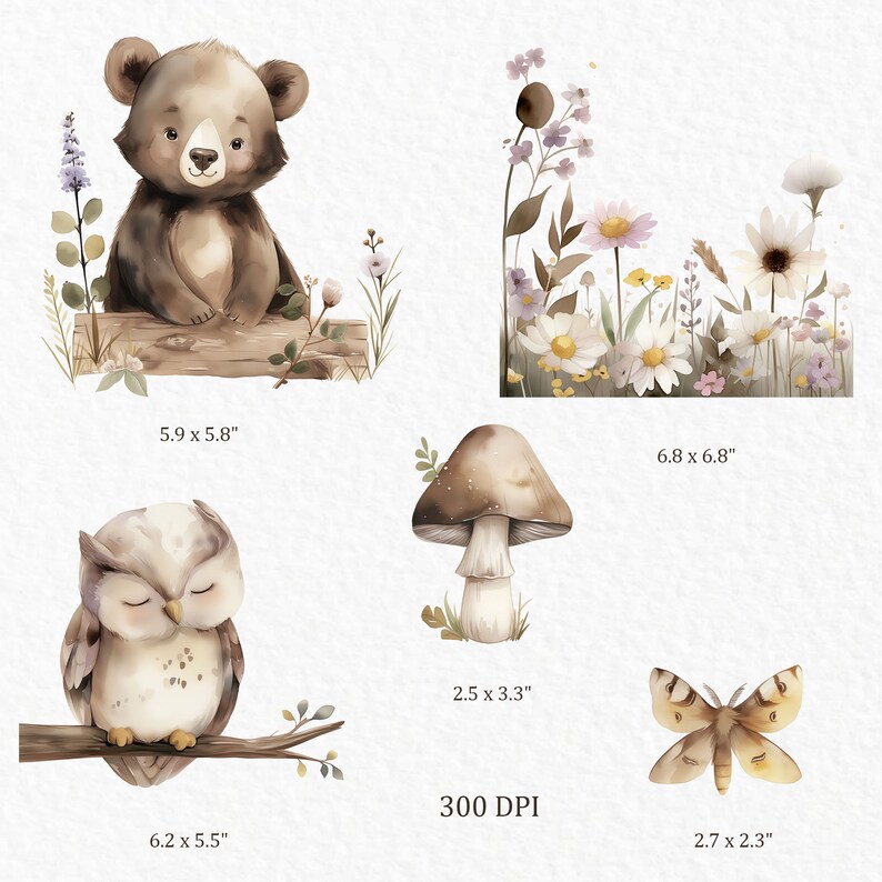 Puede incluir: Un conjunto de cinco ilustraciones de acuarela que representan criaturas del bosque y plantas. Las ilustraciones incluyen un oso marr&oacute;n sentado en un tronco, un b&uacute;ho marr&oacute;n y blanco posado en una rama, un hongo marr&oacute;n con un tallo blanco, un grupo de flores blancas y rosadas y una mariposa marr&oacute;n y amarilla.