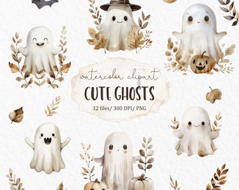 Cute Ghosts Watercolor Clipart, Halloween Ghost PNG, Pumpkin Witch Hat Bat Moon, Cute Spooky Fall Clipart #w50