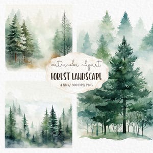 Clipart acquerello paesaggio forestale - pino foresta nebbiosa verde bosco natura inverno incantato #c161