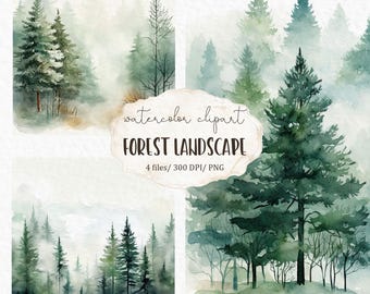 Illustration PNG d'une forêt de pins brumeuse, paysage de conifères, arrière-plan forestier, forêt d'hiver, art mural nature, aquarelle #c161