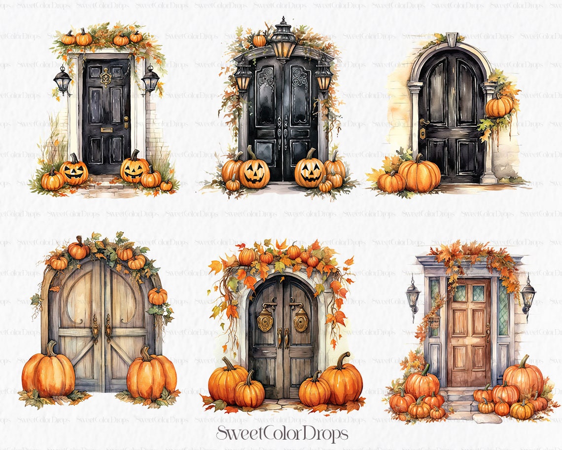 Watercolor Spooky Autumn Halloween Doors Graphic by DesignBible · Creative  Fabrica