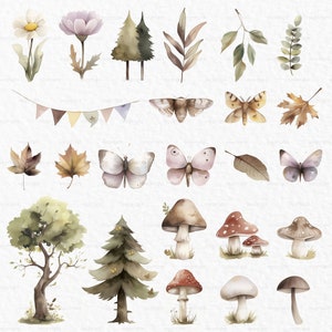 Puede incluir: Ilustraciones de acuarela de varios elementos de la naturaleza, incluyendo mariposas, hongos, &aacute;rboles, hojas y flores. Las ilustraciones est&aacute;n en tonos de marr&oacute;n, verde, rosa y blanco.
