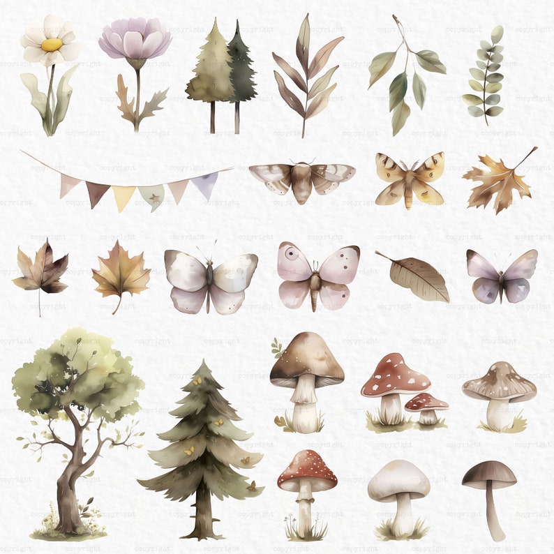 Puede incluir: Ilustraciones de acuarela de varios elementos de la naturaleza, incluyendo mariposas, hongos, &aacute;rboles, hojas y flores. Las ilustraciones est&aacute;n en tonos de marr&oacute;n, verde, rosa y blanco.