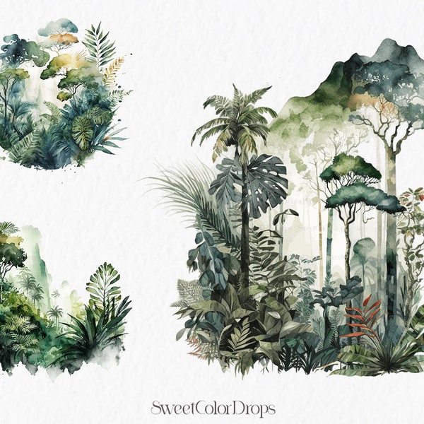 Rain forest watercolor clipart PNG - greenery summer tropical forest jungle palm tree - #c9