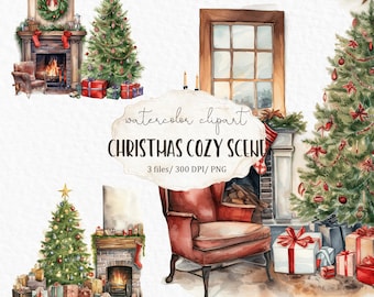 Weihnachten gemütliche Szene Aquarell Clipart PNG - gemütlich Winter Urlaub Hintergrund festlich Dorf gemütlich Haus Kamin Bauernhaus #c159