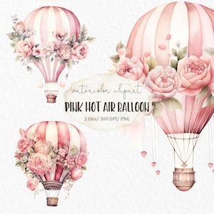 Roze luchtballon aquarel clipart png - bloemen babyshower kinderkamer babymeisje avontuur kindertransport #c212