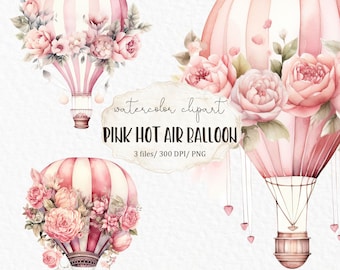 Pink hot air balloon watercolor clipart PNG - flower baby shower nursery baby girl adventure kids transport #c212