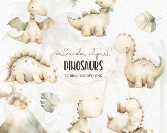 Aquarell-Dinosaurier-Clipart – Baby-Dinosaurier-Png, Babyparty-Geburtstagseinladungen, Geschlecht offenbaren Jurassic-Kinder-Clipart, neutral #w36