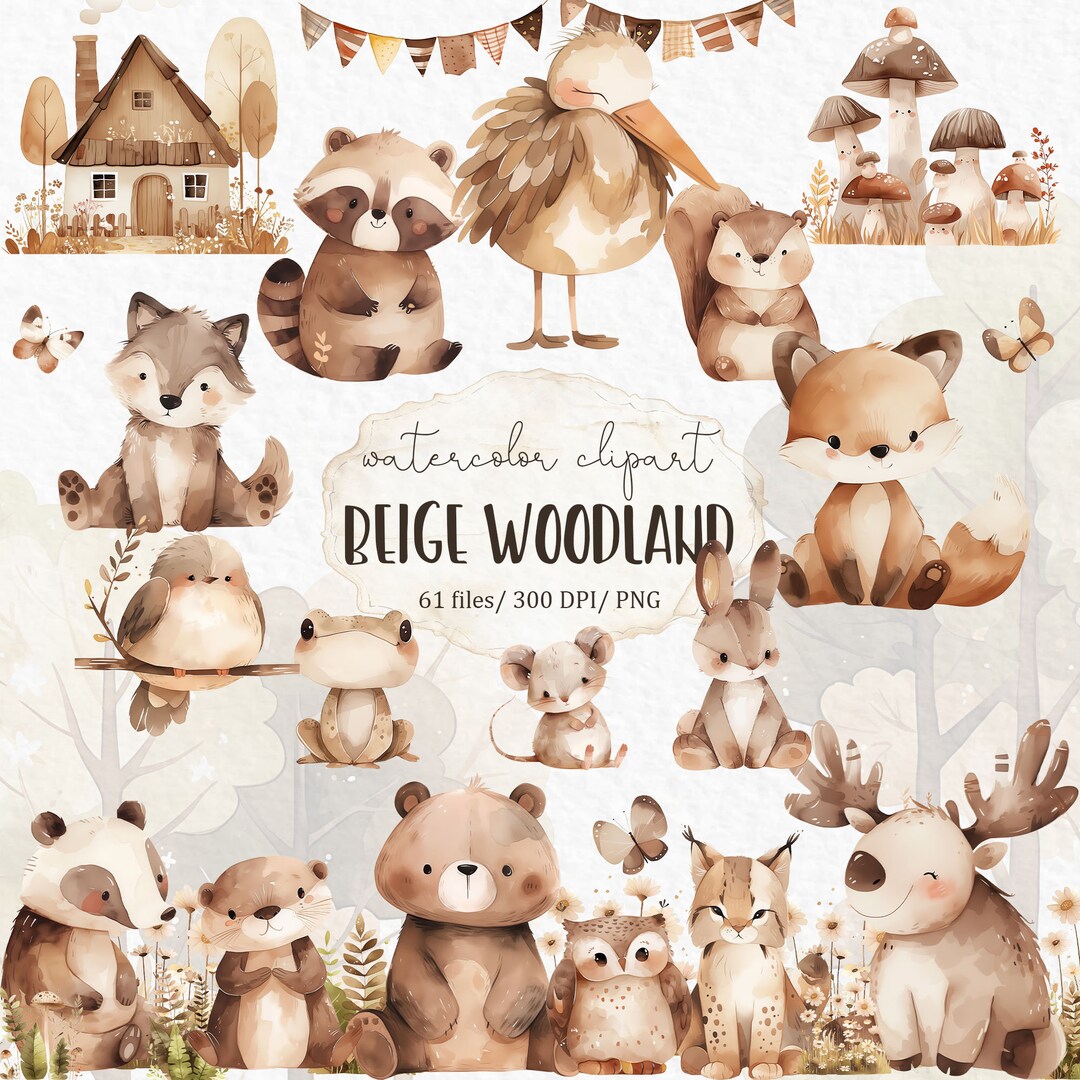 Neutral Baby Animals Watercolor Clipart – Autumn Woodland Animals Boho ...