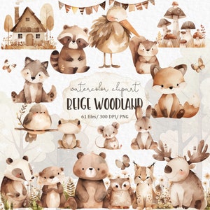 Clipart acquerello di cuccioli di animali neutri: animali del bosco autunnali boho baby shower invitano simpatici bambini della foresta png #w12
