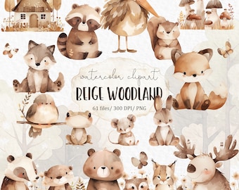 Neutral baby animals watercolor clipart – autumn woodland animals boho baby shower invite cute forest kids png #w12
