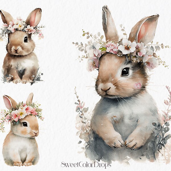 Bunny with pink flowers watercolor clipart PNG - nursery graphics cute easter rabbit baby shower animal nursery clipart - #c76