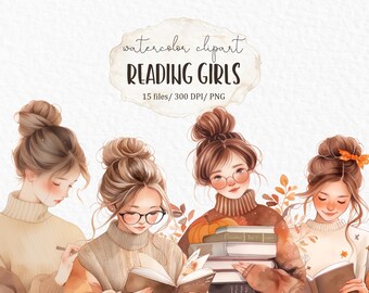 May include: Watercolor clipart of four girls reading books. The girls are wearing sweaters and have their hair pulled back in buns. The books are stacked and open. The image is in a soft, watercolor style.