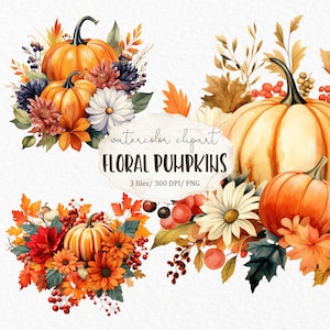 Bloemen pompoen aquarel clipart png - herfst thanksgiving herfst oranje pompoen arrangement oogst herfst bruiloft planner clipart #c108