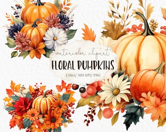 Bloemenpompoen aquarel clipart, Thanksgiving pompoen arrangement PNG, herfstbloemen, herfst oogst decoratie #c108