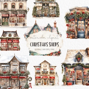 Christmas shops watercolor clipart PNG - christmas storefront festive house cute shop storefront scene winter #c130