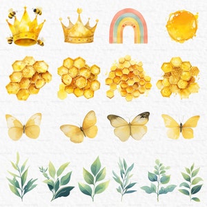 K&ouml;nnte beinhalten: Ein Set mit Aquarell-Illustrationen, die eine gelbe und goldene Honigwabe, einen Schmetterling, eine Krone, einen Regenbogen, eine Sonne und gr&uuml;ne Bl&auml;tter zeigen. Diese Illustrationen sind perfekt, um Ihren Designs einen Hauch von Verspieltheit und Natur zu verleihen.