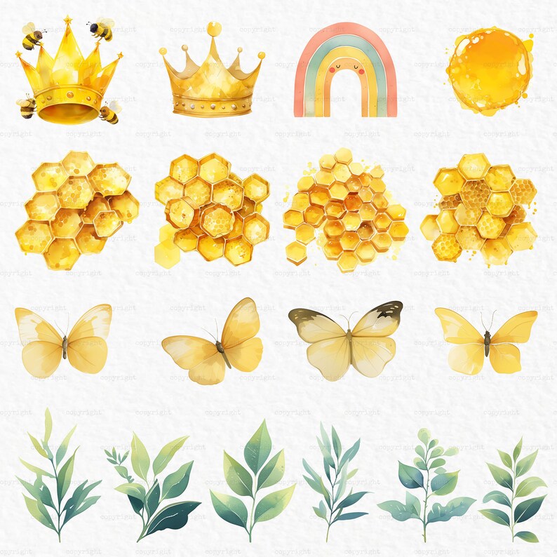 K&ouml;nnte beinhalten: Ein Set mit Aquarell-Illustrationen, die eine gelbe und goldene Honigwabe, einen Schmetterling, eine Krone, einen Regenbogen, eine Sonne und gr&uuml;ne Bl&auml;tter zeigen. Diese Illustrationen sind perfekt, um Ihren Designs einen Hauch von Verspieltheit und Natur zu verleihen.
