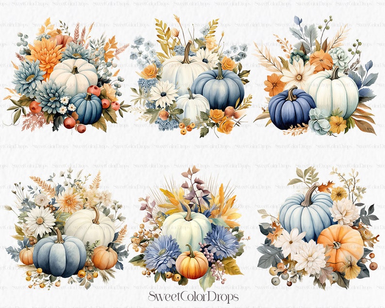 Floral Pumpkin Watercolor Clipart PNG - White Blue Orange Pumpkin Fall ...