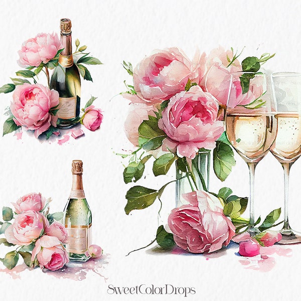 Celebration clipart, Watercolor Party Clipart, Painted champagne bottle and glass with flowers, cocktail glasses, Pink birthday clipart #c37