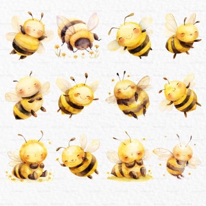 K&ouml;nnte beinhalten: Zw&ouml;lf Aquarell-Illustrationen von niedlichen Cartoon-Bienen in verschiedenen Posen. Die Bienen sind gelb und schwarz mit wei&szlig;en Fl&uuml;geln und haben l&auml;chelnde Gesichter. Einige Bienen fliegen, einige sitzen und einige halten Blumen.