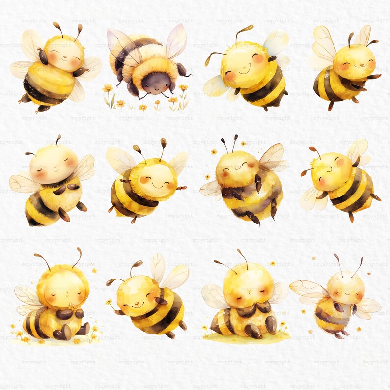 K&ouml;nnte beinhalten: Zw&ouml;lf Aquarell-Illustrationen von niedlichen Cartoon-Bienen in verschiedenen Posen. Die Bienen sind gelb und schwarz mit wei&szlig;en Fl&uuml;geln und haben l&auml;chelnde Gesichter. Einige Bienen fliegen, einige sitzen und einige halten Blumen.
