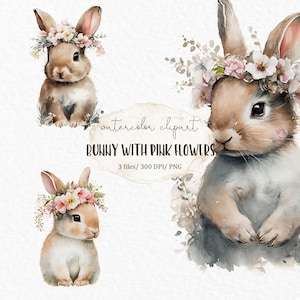 Hase mit rosa Blumen Aquarell Clipart PNG - Osterhase Babyparty Clipart - #c76