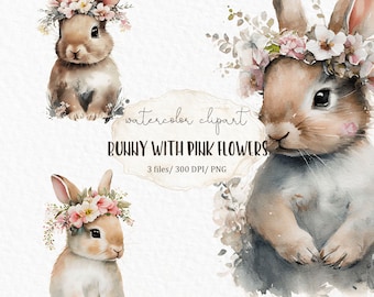 Bunny with pink flowers watercolor clipart PNG - nursery graphics cute easter rabbit baby shower animal nursery clipart - #c76