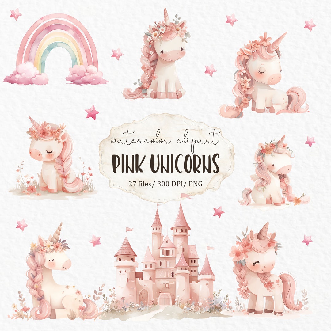 Pink Unicorn Watercolor Clipart, Cute Unicorn PNG, Rainbow Castle Stars ...
